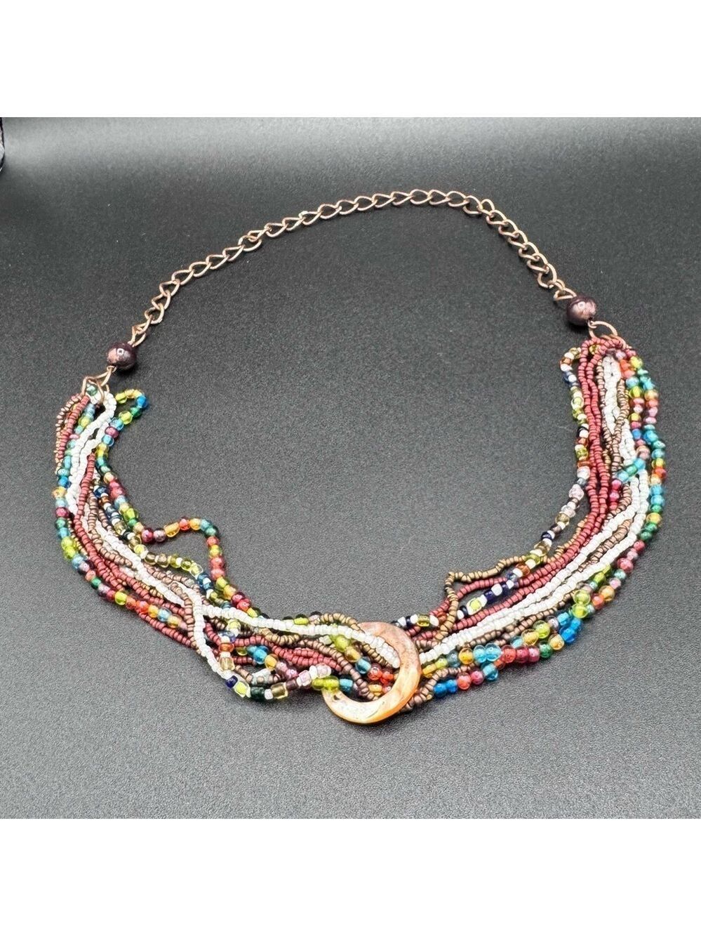 Y2K Multi-Strand Bead Necklace Mother of Pearl Centerpiece 26” Over-the-Head
